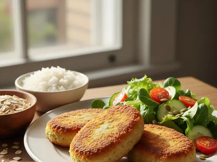 Milanesas crujientes de avena y arroz servidas con ensalada fresca