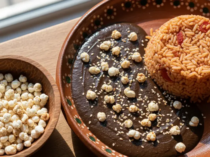 Mole de amaranto con ajonjolí acompañado de arroz rojo
