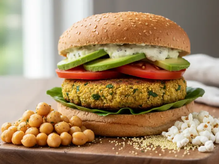 Hamburguesa vegetal de amaranto y garbanzo con aguacate, jitomate y lechuga