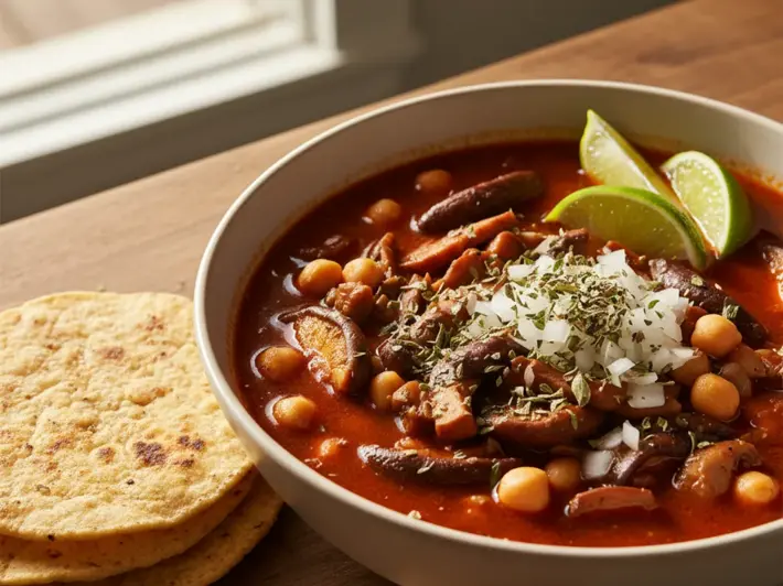 Menudo de hongos en caldo de chile guajillo con garbanzo, orégano y limón