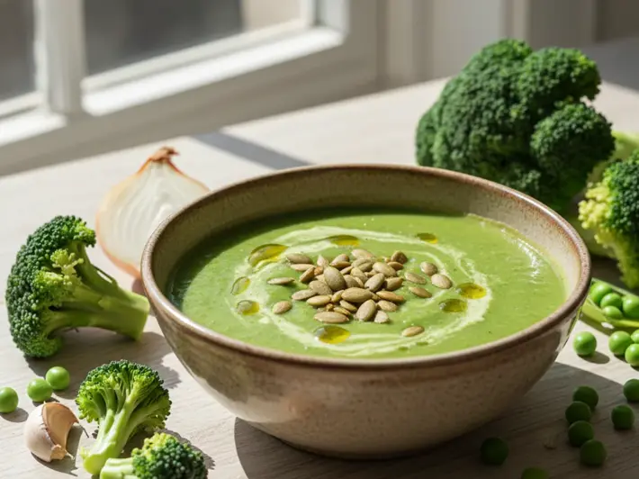 Crema de brócoli con chícharos y pepitas tostadas en un tazón