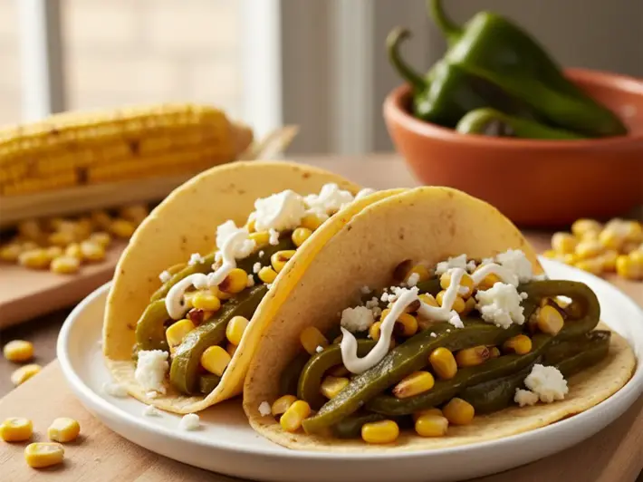 Tacos de rajas de chile poblano con elote y queso fresco en tortilla de maíz