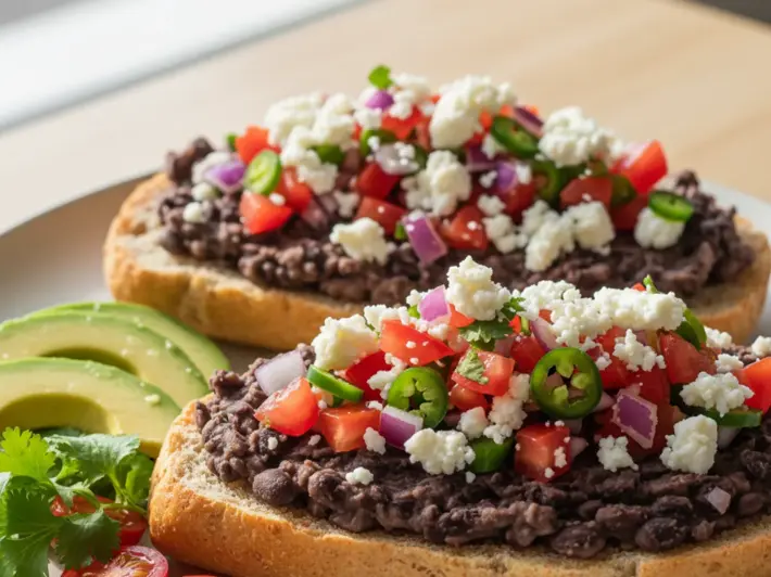 Molletes saludables de frijol con queso fresco, pico de gallo y aguacate