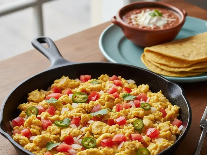 Huevos a la mexicana con jitomate, cebolla y chile servidos con tortillas