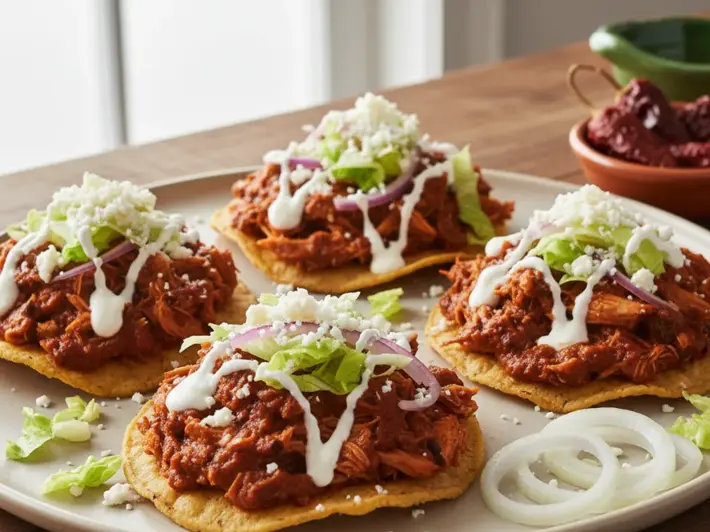 Tinga de pollo en salsa de chipotle sobre tostadas con crema y queso