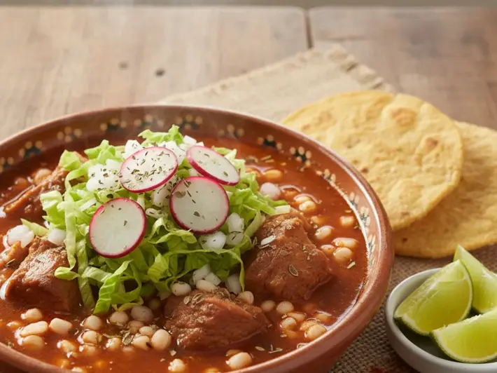 Pozole rojo con maíz pozolero, cerdo, rábano, lechuga y limón