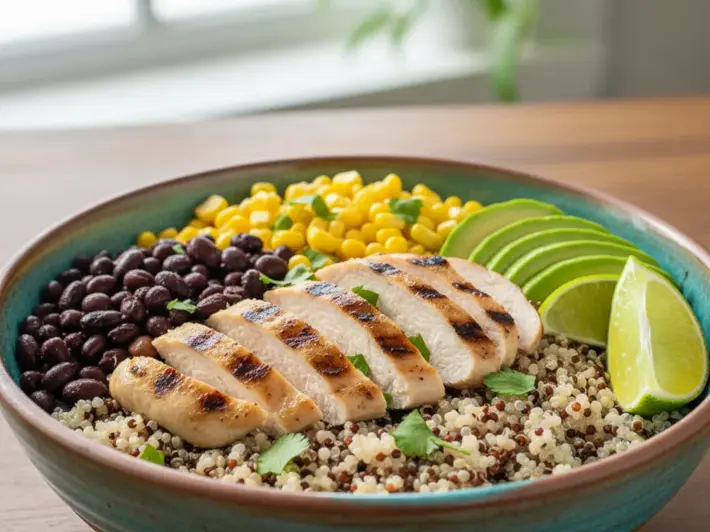 Bowl saludable de pollo a la plancha con quinoa, frijol, elote y aguacate