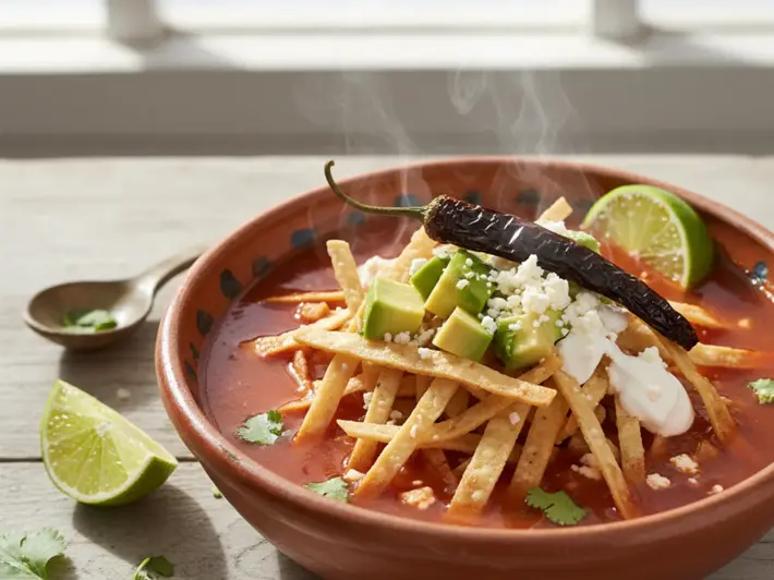 Sopa de tortilla con tiras crujientes, aguacate, crema y queso