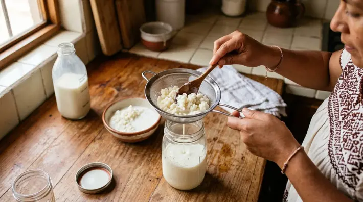 Mujer mexicana colando búlgaros de leche (kéfir) en su cocina