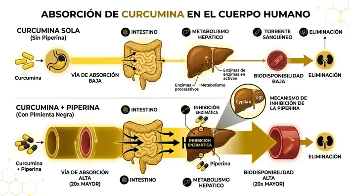 Diagrama científico de la absorción de curcumina con y sin piperina