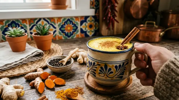 Leche dorada con cúrcuma servida en taza de cerámica mexicana