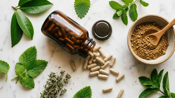 Cápsulas de suplemento natural con hierbas frescas y polvo de extracto