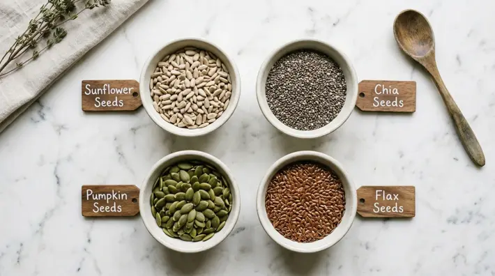 Comparación visual de semillas de girasol, chía, calabaza y linaza