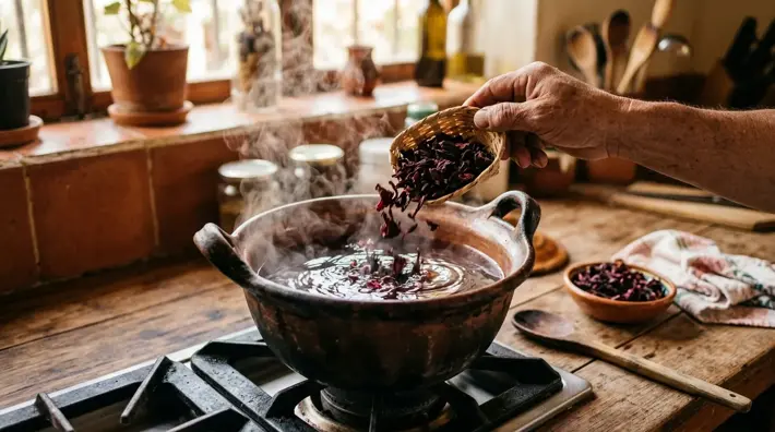 Preparación tradicional del agua de jamaica en olla de barro mexicana