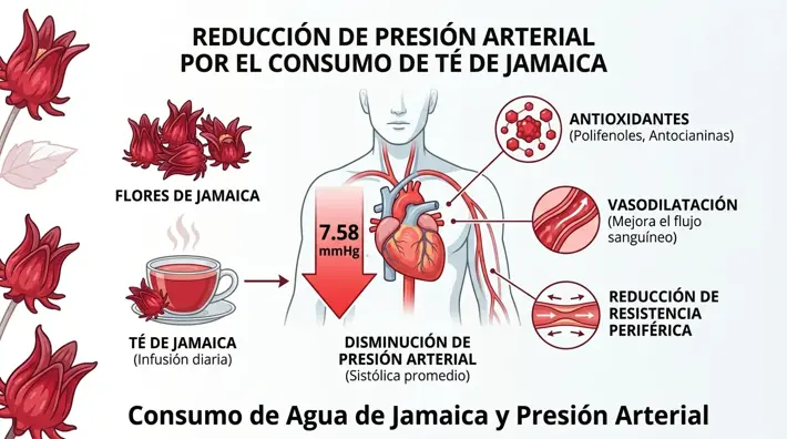 Diagrama que muestra cómo el agua de jamaica reduce la presión arterial en 7.58 mmHg