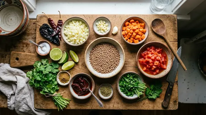 Ingredientes para sopa de lentejas mexicana en tabla de madera