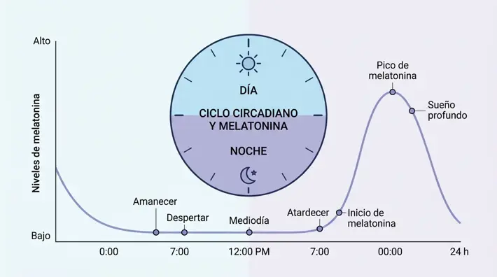 Diagrama del ciclo circadiano y niveles de melatonina durante 24 horas