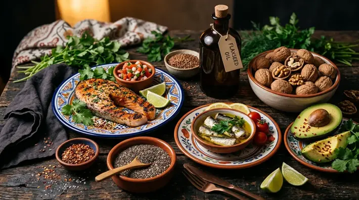 Alimentos ricos en omega 3: salmón, sardinas, chía, nueces y aguacate