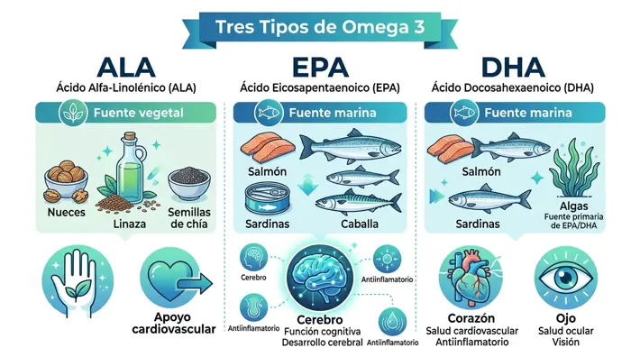 Diagrama de los tres tipos de omega 3: ALA, EPA y DHA con sus fuentes alimenticias