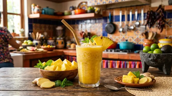 Smoothie tropical de piña y jengibre en cocina mexicana