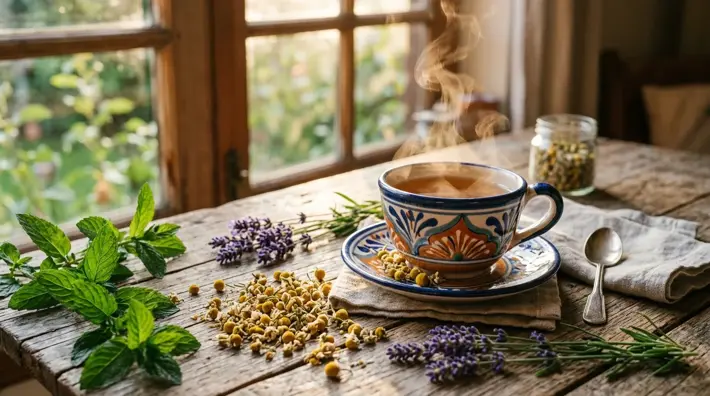 Infusión de hierbas medicinales con manzanilla, lavanda y hierbabuena