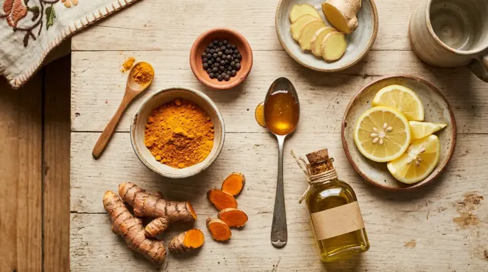 Ingredientes para preparar té de cúrcuma sobre una mesa de madera: cúrcuma en polvo, raíz fresca, pimienta negra, miel, jengibre, limón y aceite de oliva