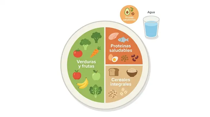 Infografía del plato de comida nutritiva dividido en verduras, proteínas y cereales integrales con etiquetas en español