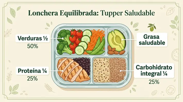 Infografía de un tupper equilibrado dividido en porciones de verduras, proteína y carbohidrato integral, con etiquetas en español