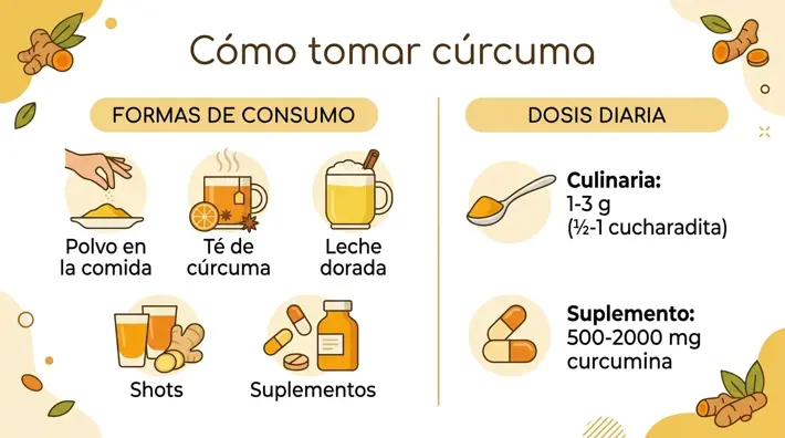Varias formas de tomar cúrcuma: polvo, té y leche dorada sobre una mesa mexicana