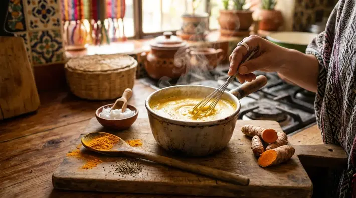 Preparación de leche dorada con cúrcuma en una cocina mexicana