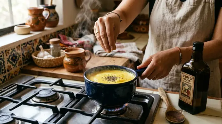 Manos añadiendo una pizca de pimienta negra a una olla de leche dorada de cúrcuma, con una botella de aceite de oliva al lado