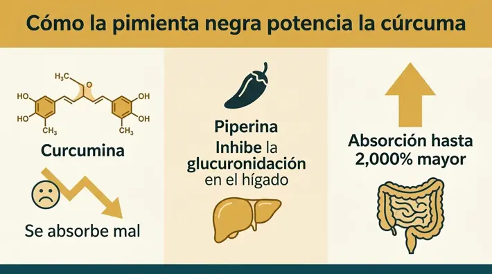 Infografía en español que explica cómo la piperina de la pimienta negra inhibe la glucuronidación y aumenta la absorción de la curcumina