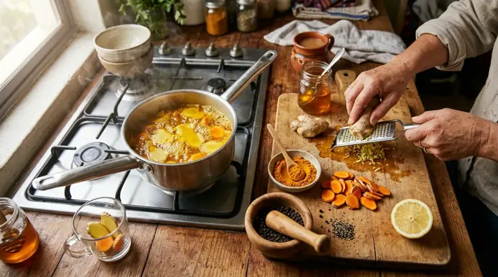 Preparación casera de té de cúrcuma y jengibre en una cocina mexicana, con jengibre rallado, cúrcuma fresca y en polvo, limón, miel y pimienta negra sobre una tabla de madera