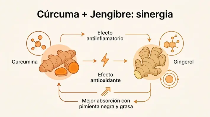 Infografía en español que explica la sinergia entre la cúrcuma y el jengibre y cómo la pimienta negra y la grasa mejoran la absorción de la curcumina