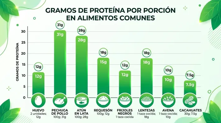 Infografía con los gramos de proteína por porción de alimentos comunes para ganar masa muscular