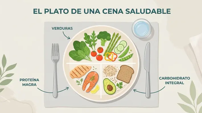 Infografía del plato de una cena saludable dividido en verduras, proteína magra y carbohidrato integral con ejemplos en español