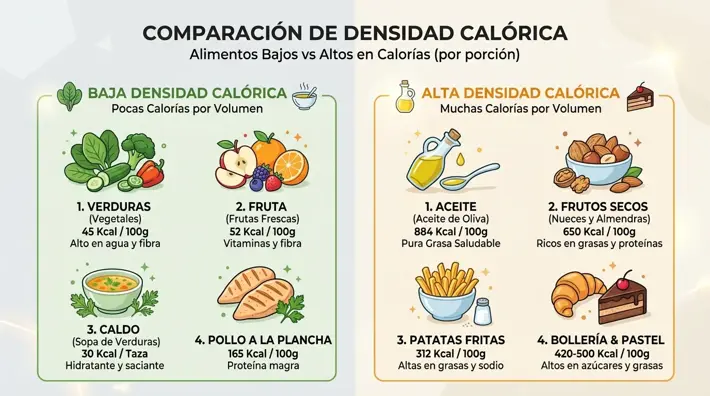 Tabla comparativa de alimentos ligeros de baja densidad calórica frente a alimentos densos en calorías, con verduras, frutas y proteínas magras de un lado y aceites, harinas y azúcares del otro
