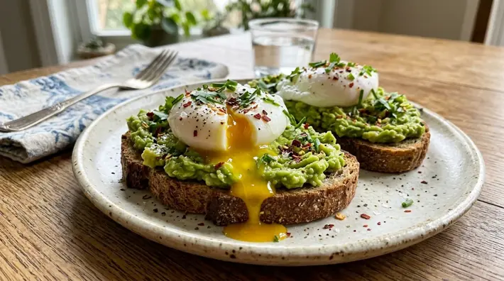 Tostada de pan integral con aguacate machacado y huevo, una cena saludable rápida servida en un plato