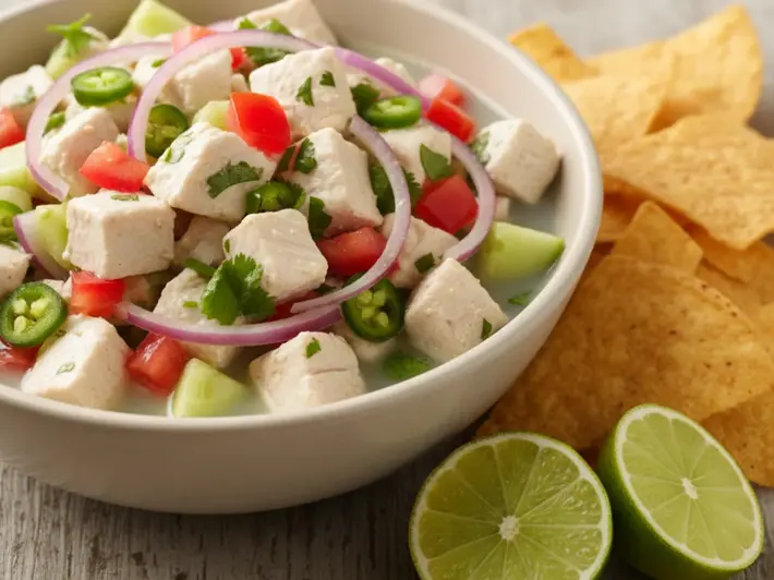 Ceviche de pescado blanco con limón, pepino, jitomate y cilantro