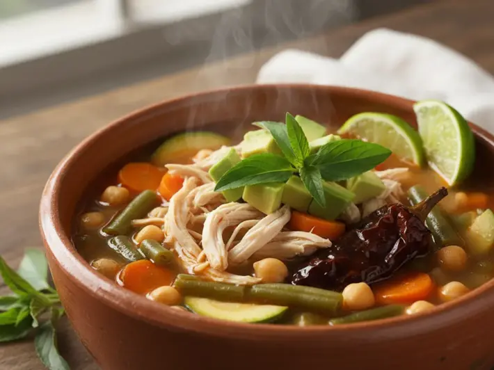 Caldo tlalpeño de pollo con verduras, garbanzos, aguacate y limón