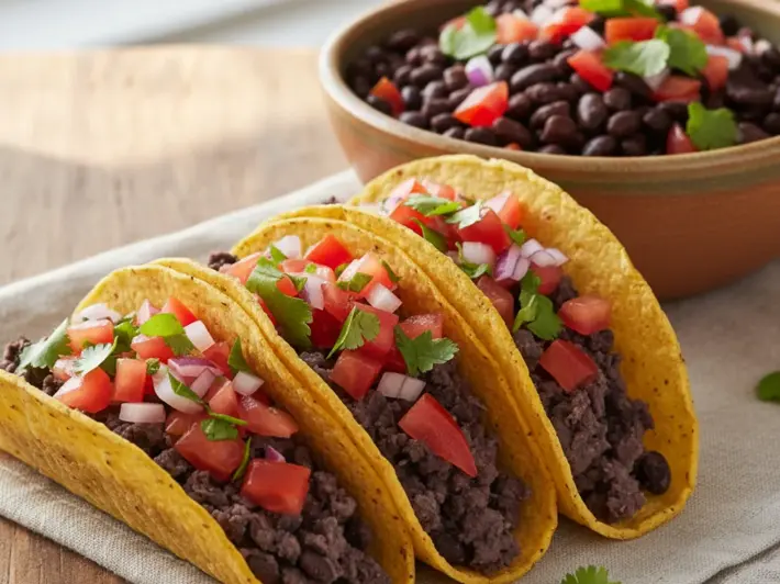 Tacos de frijoles negros con pico de gallo en tortilla de maíz