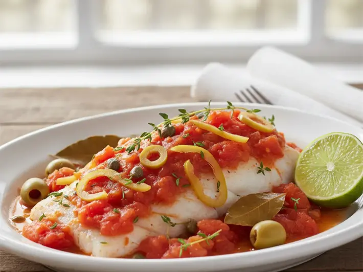 Pescado blanco a la veracruzana con salsa de jitomate, aceitunas y alcaparras