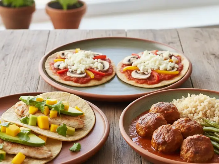 Tacos de pescado con mango, mini pizzas de tortilla integral y albondigas de pollo en salsa de jitomate para la familia