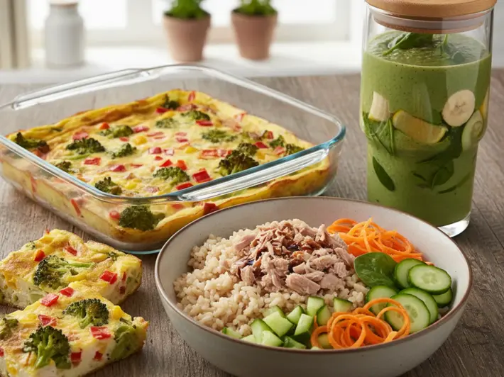 Frittata de claras con verduras, tazon de arroz integral con atun y pepino y batido verde para llevar
