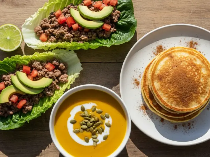 Tacos de lechuga con carne magra, crema de calabaza con leche de coco y panqueques de avena y platano sin gluten