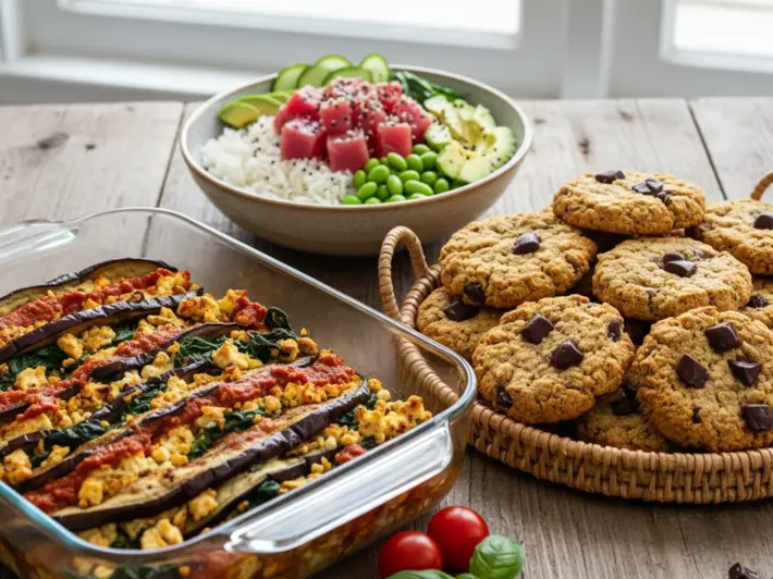 Lasana de berenjena sin gluten, galletas de avena y platano y bowl de poke hawaiiano con atun fresco