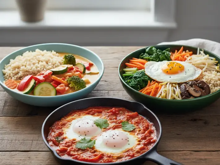 Curry tailandes de verduras con coco, shakshuka de huevos en salsa de jitomate y bibimbap coreano con huevo