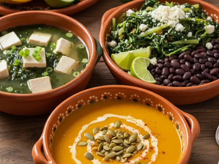 Sopa miso con tofu y algas, ensalada de quelites con frijoles de la olla y sopa de calabaza de Castilla
