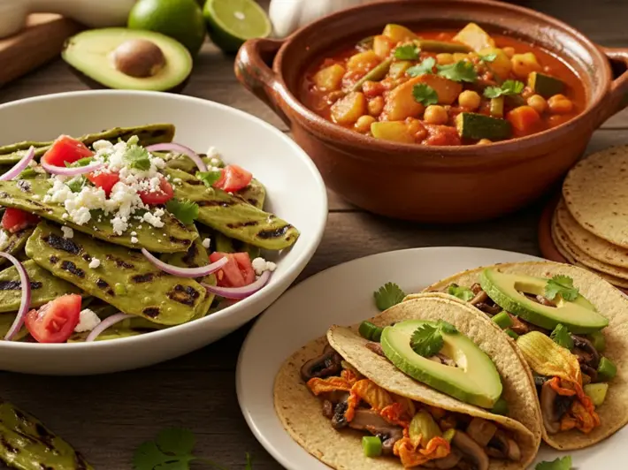 Ensalada de nopales asados con queso fresco, guisado de verduras con garbanzos y tacos de flor de calabaza con hongos