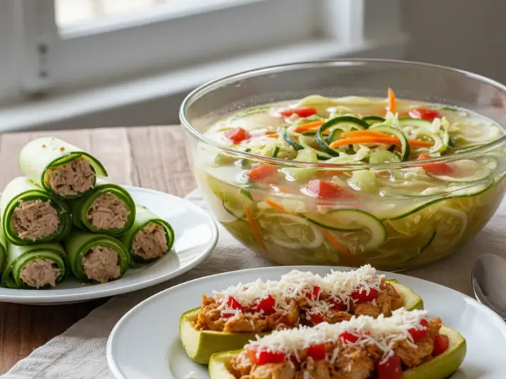 Sopa de verduras depurativa, rollitos de pepino rellenos de atun y calabacitas rellenas de pollo con panela